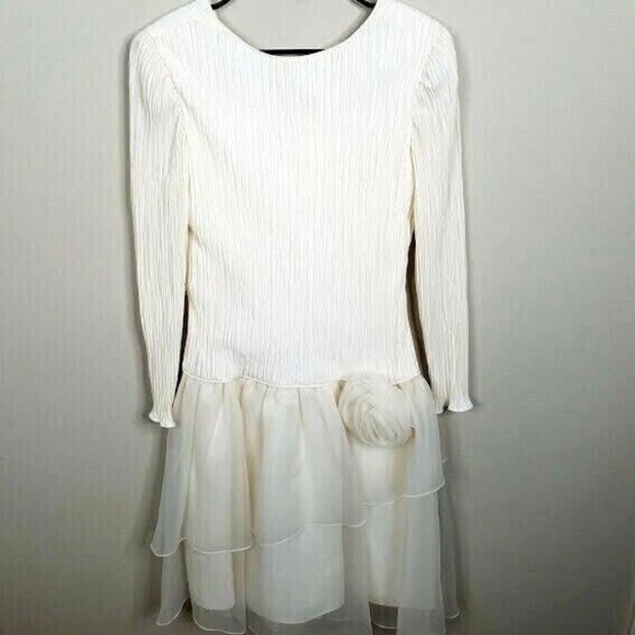 Vintage White Long Sleeve Pleated Dress With Layered Chiffon Skirt & Rose Detail - Picture 1 of 9